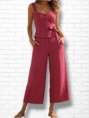 Marfinno Raspberry Colour Wide Leg High Rise Linen Blend Pants Size 46